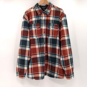EDDIE BAUER‎ Men's XL Burnt Orange Plaid Fleece Button Flap Side Pockets Logo